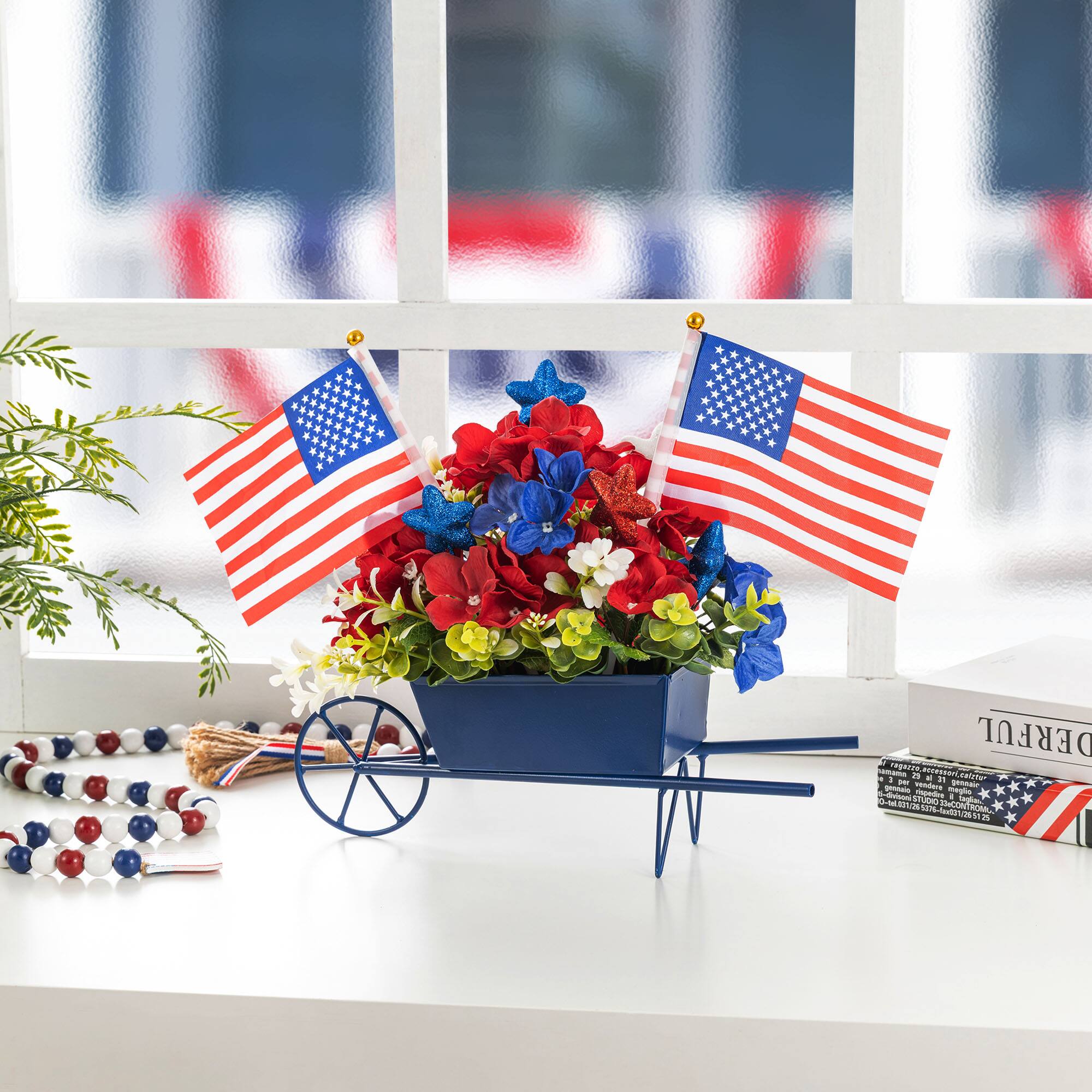 Glitzhome® 14" Patriotic Americana Hydrangea Metal Wagon Centerpiece